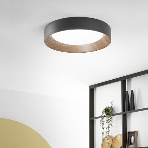 Plafoniera metallo Nero con interno dall'Effetto Legno 50X8,5CM