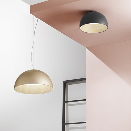 Plafoniera design contemporaneo in metallo forma sferica Effetto Legno Oro29x50 cm