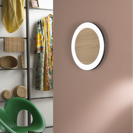 Plafoniera Rotonda Nero, struttura in metallo e diffusore in acrilico Bianco/Effetto Legno cct 40X4,2 CM