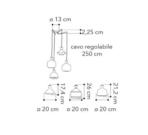 Lampadario a sospensione Rosso, quattro diffusori cavo regolabile 250 cm