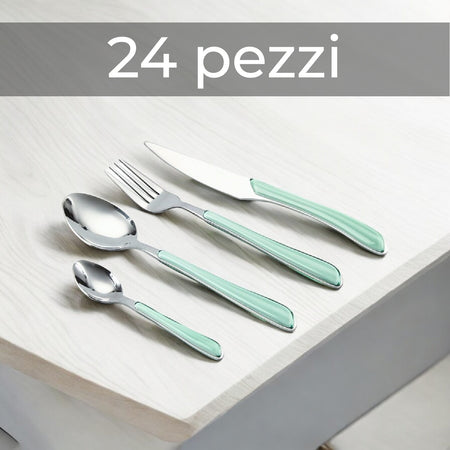 Posate Colorate in Acciaio Inox kit 24pz colore Verde Shabby Design Ergonomico