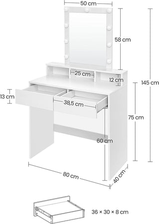 Consolle Trucco con Specchio a Led Mobile Makeup 2 Cassetti 80x40 H 140cm Luce Regolabile