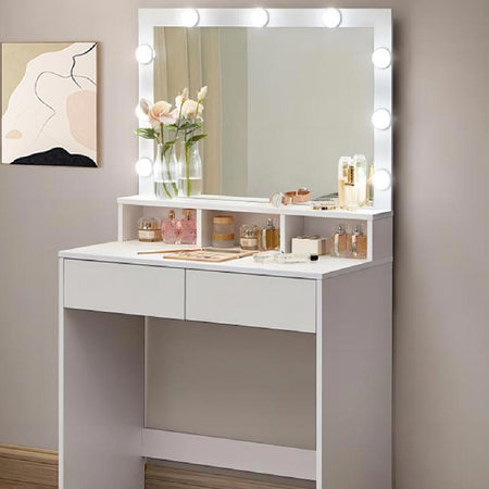 Consolle Trucco con Specchio a Led Mobile Makeup 2 Cassetti 80x40 H 140cm Luce Regolabile