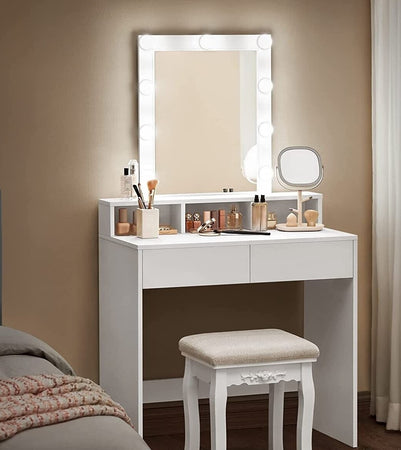 Consolle Trucco con Specchio a Led Mobile Makeup 2 Cassetti 80x40 H 140cm Luce Regolabile