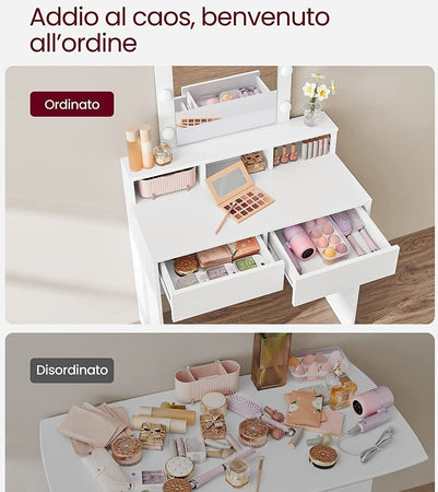 Consolle Trucco con Specchio a Led Mobile Makeup 2 Cassetti 80x40 H 140cm Luce Regolabile