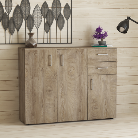 KIT MOBILE CREDENZA 3 ANTE + 2 CASSETTI CM. 120X93X35 BIANCO GRIGIO ROVERE