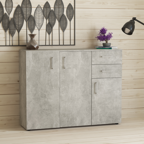 KIT MOBILE CREDENZA 3 ANTE + 2 CASSETTI CM. 120X93X35 BIANCO GRIGIO ROVERE