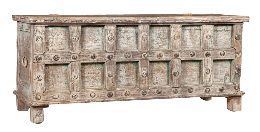 Biscottini Cassapanca antica originale in legno di teak intagliato con finitura decapata