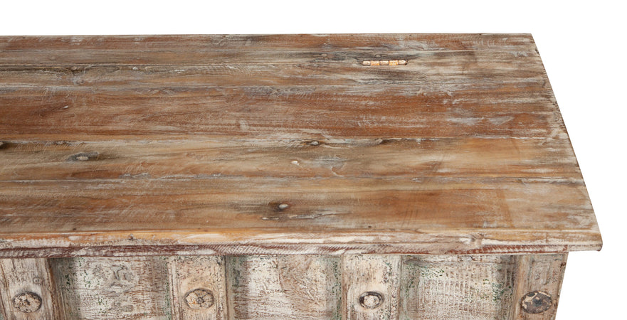 Biscottini Cassapanca antica originale in legno di teak intagliato con finitura decapata