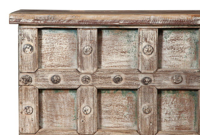 Biscottini Cassapanca antica originale in legno di teak intagliato con finitura decapata