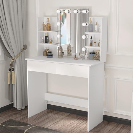 Consolle Trucco con Specchio a Led Mobile Makeup 2 Cassetti 90x40 H 144cm Luce Regolabile