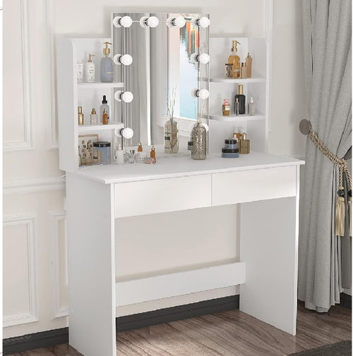 Consolle Trucco con Specchio a Led Mobile Makeup 2 Cassetti 90x40 H 144cm Luce Regolabile