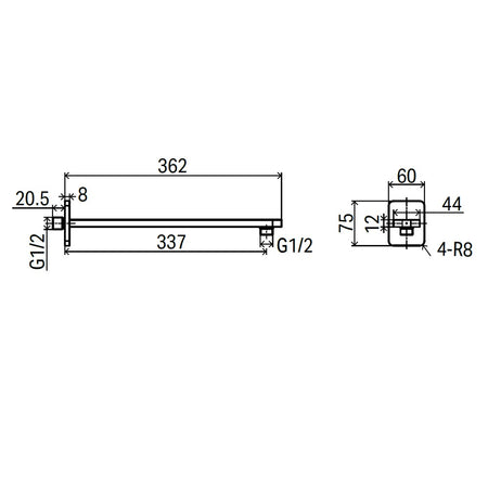 Braccio doccia flat rettangolare ad incasso in ottone cromato, attacco 1/2 m