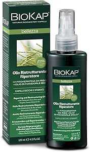 BIOKAP Olio Ristrutturante Riparatore, Gocce di Bellezza Per Capelli Secchi e Sfibrati, con FitoKeratina da Riso e Olio di Mandorle Dolci, 125 ml