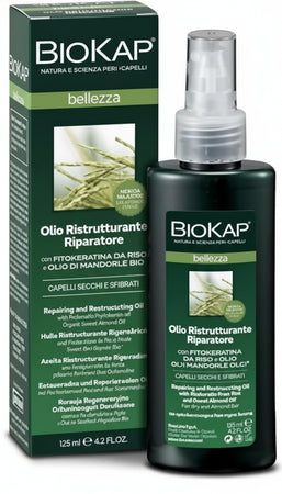 BIOKAP Olio Ristrutturante Riparatore, Gocce di Bellezza Per Capelli Secchi e Sfibrati, con FitoKeratina da Riso e Olio di Mandorle Dolci, 125 ml