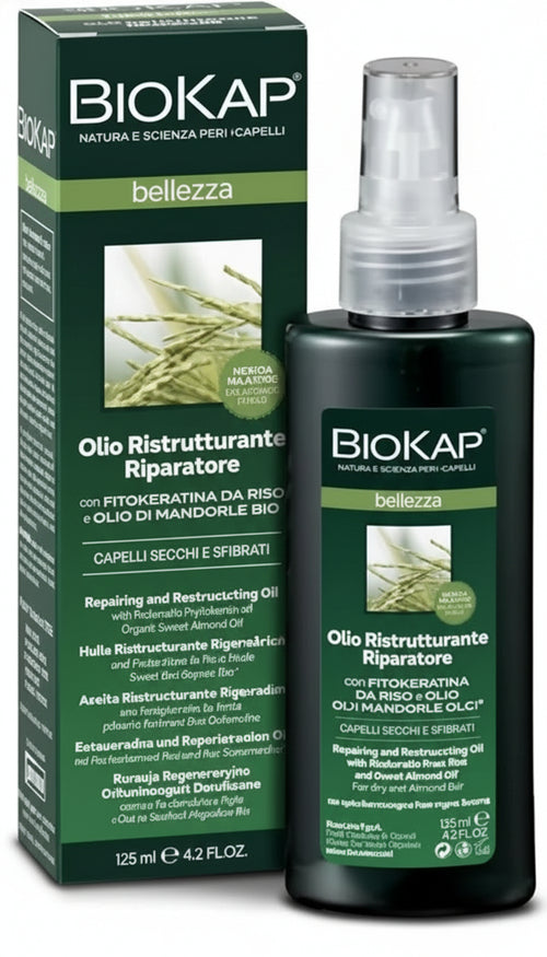 BIOKAP Olio Ristrutturante Riparatore, Gocce di Bellezza Per Capelli Secchi e Sfibrati, con FitoKeratina da Riso e Olio di Mandorle Dolci, 125 ml