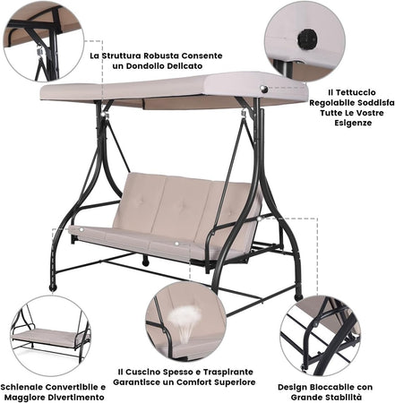 Dondolo 3 posti "Katay" altalena da giardino e veranda reclinabile a letto 194 cm
