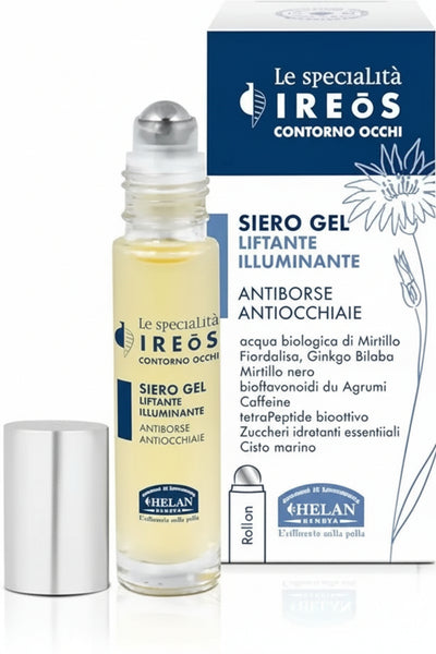 Helan, IREOS - Contorno Occhi Occhiaie Effetto Lifting, Siero Contorno Occhi e Borse Sgonfiante in Formula Gel con Fresco Roll On in Acciaio - Prodotto Skincare Illuminante Antiage con Caffeina, 10 ml