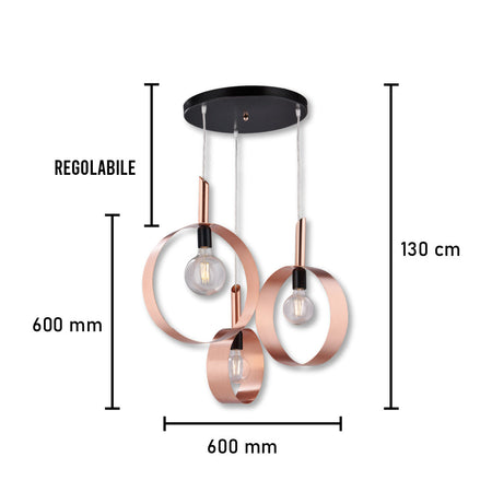 Lampadario Sospensione Metallo verniciato Stefy 3 Luci E27 Rame/Satinato