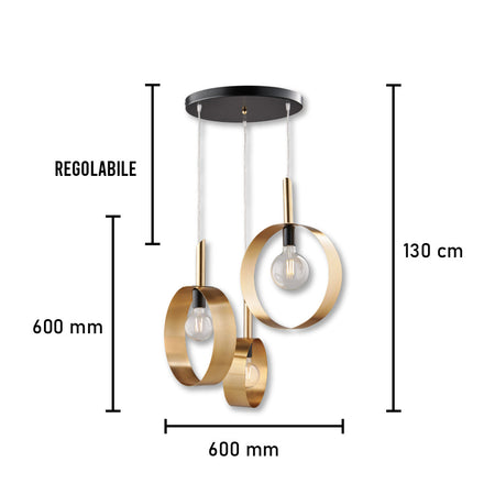 Lampadario Sospensione Metallo Verniciato Stefy 3 luci E27 Oro/Satinato