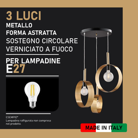 Lampadario Sospensione Metallo Verniciato Stefy 3 luci E27 Oro/Satinato