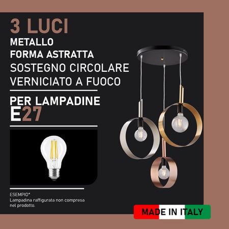 Lampadario Sospensione Metallo verniciato Stefy 3 Luci E27 Oro/Rame/Cromo