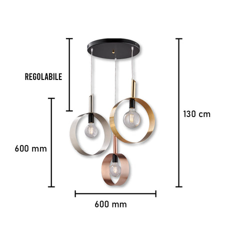 Lampadario Sospensione Metallo verniciato Stefy 3 Luci E27 Oro/Rame/Cromo