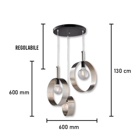 Lampadario Sospensione Metallo verniciato Stefy 3 Luci E27 Cromo/Satinato
