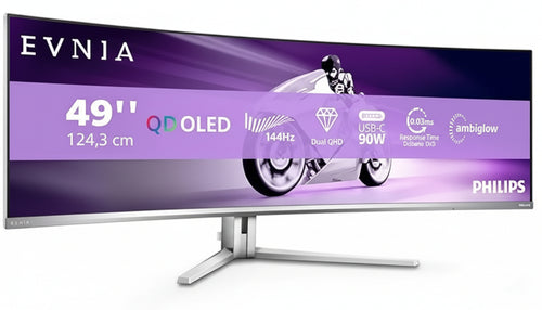 Philips Evnia 49M2C8900LA - 49 Inch DQHD OLED Curved Gaming Monitor, 144 Hertz, 0.03 ms GtG, HDR400, Ambiglow (5120 x 1440, HDMI 2.1, DisplayPort 1.4, USB-C, USB Hub) White