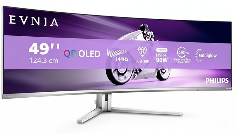 Philips Evnia 49M2C8900LA - 49 Inch DQHD OLED Curved Gaming Monitor, 144 Hertz, 0.03 ms GtG, HDR400, Ambiglow (5120 x 1440, HDMI 2.1, DisplayPort 1.4, USB-C, USB Hub) White