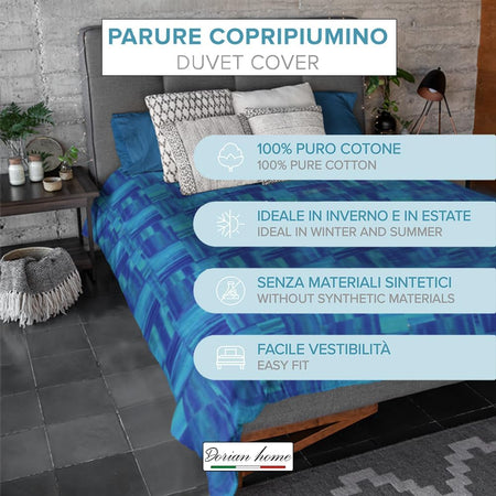 Dorian Home, Parure Copripiumino Singola 155 x 210 cm, Realizzato in 100% Morbido e Puro Cotone, Made in Italy, Fantasia Varazze Azzurro