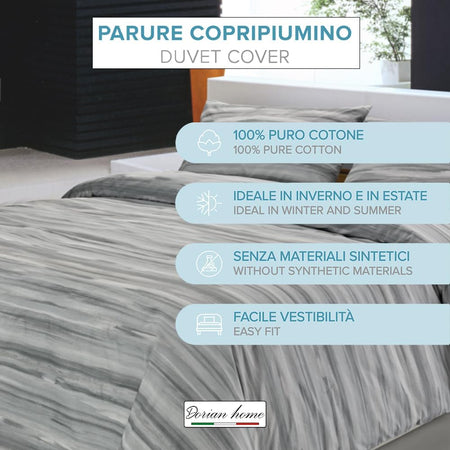 Dorian Home, Parure Copripiumino 1 Piazza e Mezza 200 x 210 cm, Realizzato in 100% Morbido e Puro Cotone, Made in Italy, Fantasia Laveno Grigio