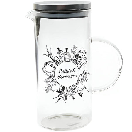 Caraffa in vetro Borosilicato decorata con scritta "Salute e Benessere" da 1300 mL