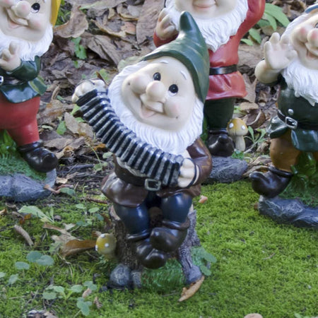 Sette nani in poliresina da giardino nanetti di Biancaneve per aiuola h 28 cm