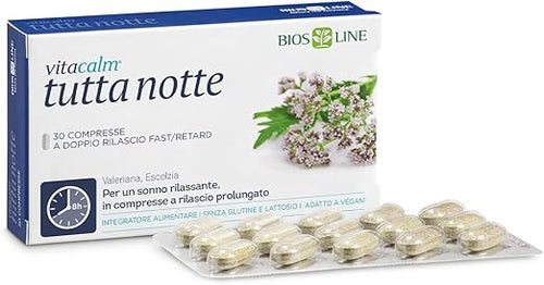 BIOS LINE VitaCalm Tutta Notte, Integratore Alimentare per Dormire, Integratore Rilassante a Doppio Rilascio, Favorisce il Rilassamento e l'Addormentamento, 30 Compresse Senza Glutine