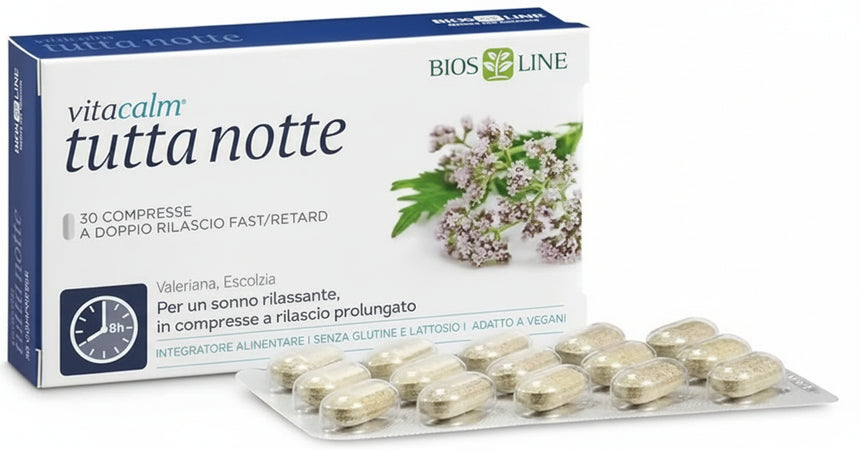 BIOS LINE VitaCalm Tutta Notte, Integratore Alimentare per Dormire, Integratore Rilassante a Doppio Rilascio, Favorisce il Rilassamento e l'Addormentamento, 30 Compresse Senza Glutine