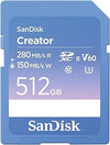 SanDisk Creator SD-UHS-II 512GB Memory Card for DSLR and Mirrorless Cameras, 6K Video, V60, UHS-II, 280MB/s Read, RescuePRO Deluxe, Adobe Creative Cloud