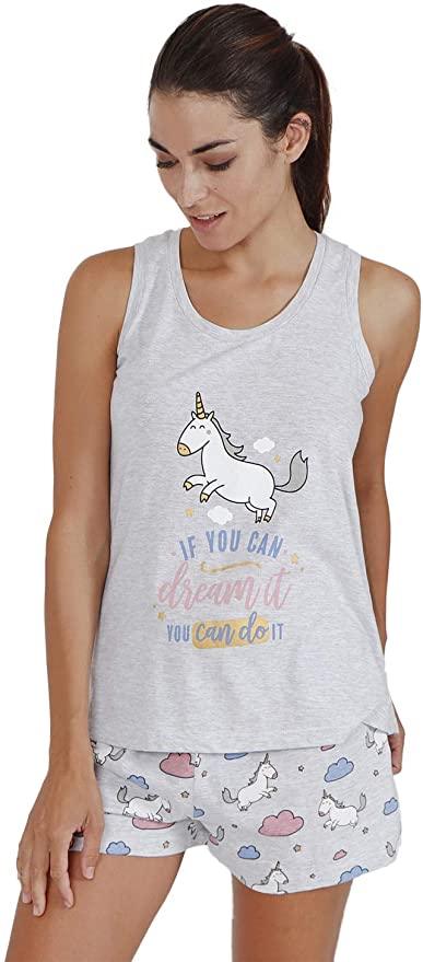 Mr Wonderful Pigiama da Donna Modello Corto con Canottiera Fantasia Unicorno 55721 S20 - Passarelli Biancheria