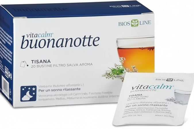 BIOS LINE VitaCalm Buonanotte, Tisana Rilassante per Conciliare il Sonno, Integratore Alimentare con Valeriana, Camomilla e Biancospino, Aroma Arancio, 20 Bustine Filtro Salva Aroma
