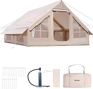VEVOR Inflatable Tents for Camping 4x3x2m, 5-8 Person 300D Oxford Glamping Tent with Stove Connection, Hand Pump 2 Doors & 4 Mesh Windows, Includes Storage Bag for Easy Transport