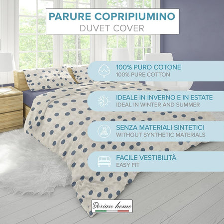 Dorian Home, Parure Copripiumino 1 Piazza e Mezza 200 x 210 cm, Realizzato in 100% Morbido e Puro Cotone, Made in Italy, Fantasia Pois Beige