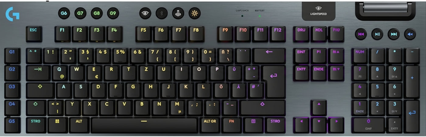 Logitech G G915 X LIGHTSPEED Flat Wireless Gaming Keyboard with Double Shot PBT Keycaps, RGB Backlight, Red Linear GL Switches for PC/Mac, DEU QWERTZ Layout - Black