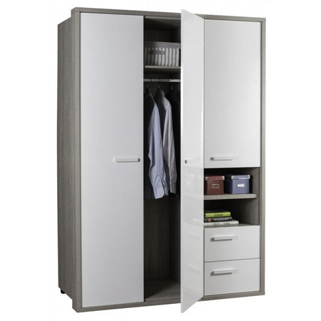 Armadio 3 ante e 2 cassetti Rovere Gessato e Bianco Lucido per stanzetta e camera da letto