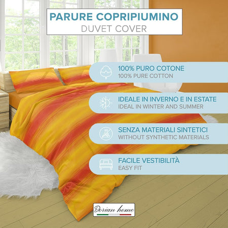 Dorian Home, Parure Copripiumino 1 Piazza e Mezza 200 x 210 cm, Realizzato in 100% Morbido e Puro Cotone, Made in Italy, Fantasia Smeralda Arancio