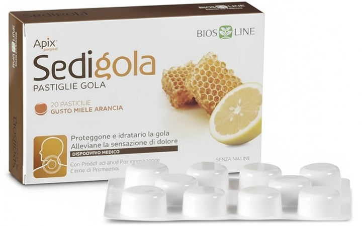 BIOS LINE Pastiglie Gola, Protezione e Idratazione Gola, Allevia Sensazione di Dolore, con Propoli e Semi di Pompelmo, 20 Pastiglie Gusto Miele e Arancia