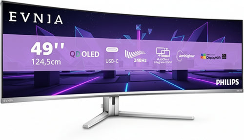 PHILIPS Evnia 49M2C8900AM - 49 Inch DQHD OLED Curved Gaming Monitor, 240 Hertz, 0.03 ms GtG, HDR400, Ambiglow (5120 x 1440, HDMI 2.1, DisplayPort 1.4, USB-C, USB Hub) White
