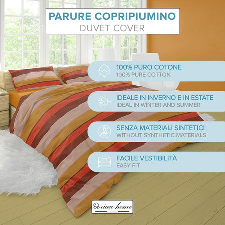 Dorian Home, Parure Copripiumino Singola 155 x 210 cm, Realizzato in 100% Morbido e Puro Cotone, Made in Italy, Fantasia Garda Arancio