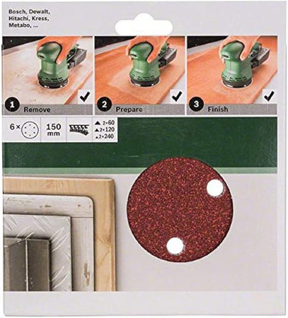 BOSCH - 2609256A35 FOGLI ABRASIVI 6PZ D.150 GRANA 2x60 2x120 2x240 6 FORI