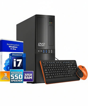 Fast PC with Intel Core i7 - Desktop Computer + Silent Calculator for Office & Home Office with 8-Thread 3.90 GHz - 32GB RAM - 1024GB SSD - USB 3.0 - WLAN BT - Includes Windows 11 Pro with Card Reader