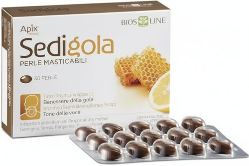 BIOS LINE Sedigola Perle Masticabili, Integratore Alimentare per il Benessere di Naso e Gola, 30 Perle Arricchite con Propoli e Oli Essenziali Balsamici